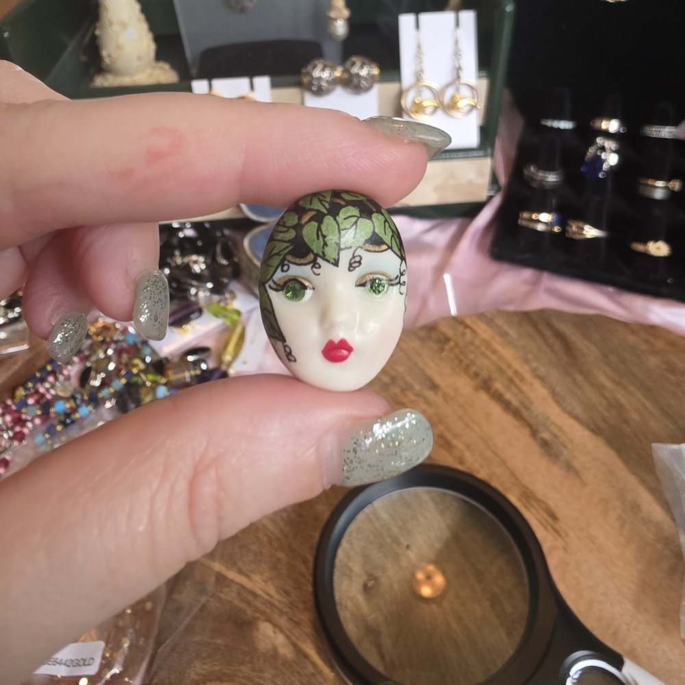 Handcrafted Leaf Motif Face Brooch Signed vintage